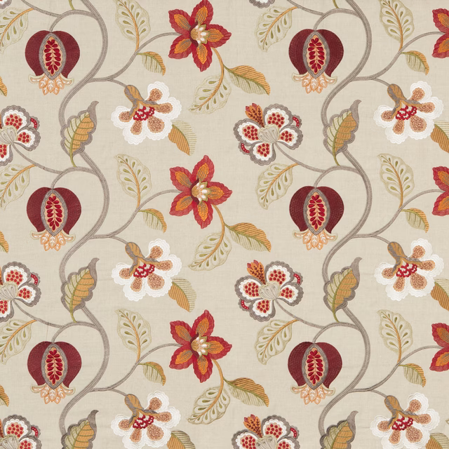 Ivory woven fabric with red pomegranate and floral motifs, olive leaves