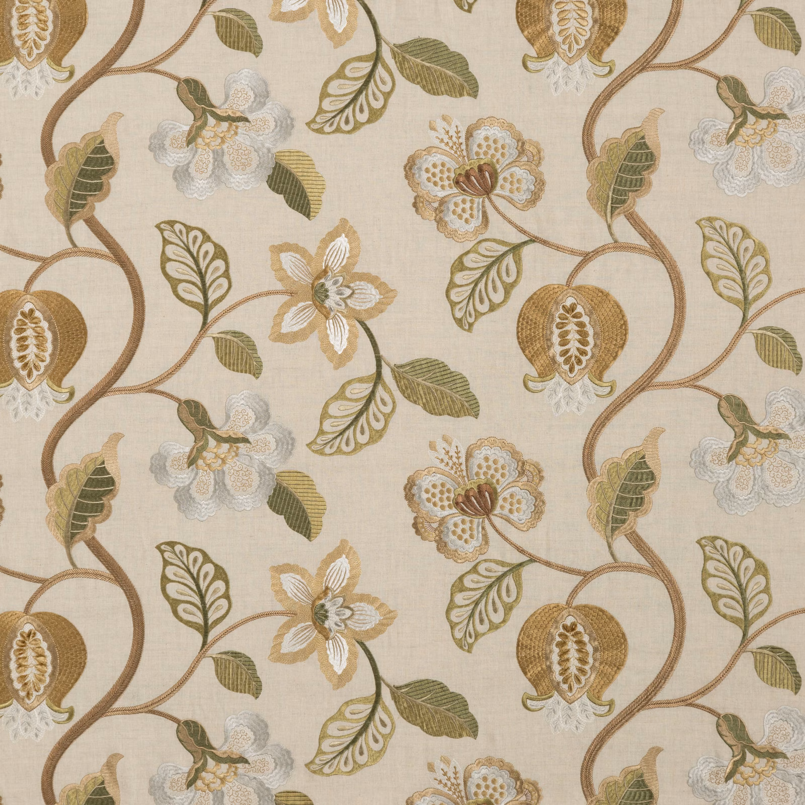 Oatmeal-beige botanical fabric with olive leaves, taupe vines and pale floral motifs