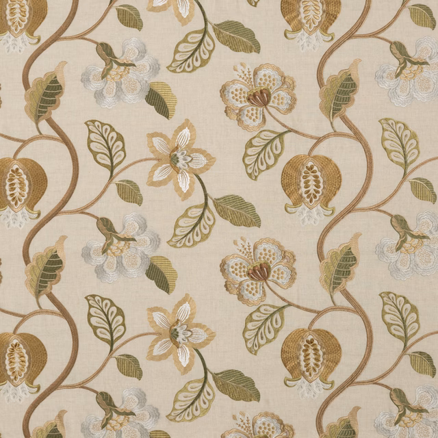 Oatmeal-beige botanical fabric with olive leaves, taupe vines and pale floral motifs