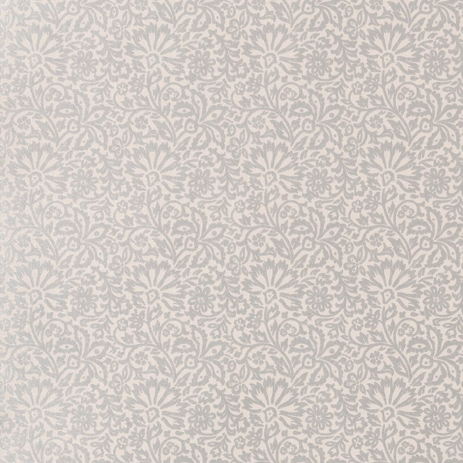 Pale silver-grey floral damask wallpaper with curling stems on a light ground