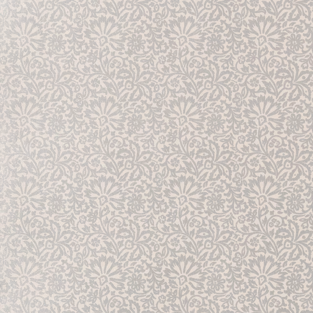 Pale silver-grey floral damask wallpaper with curling stems on a light ground