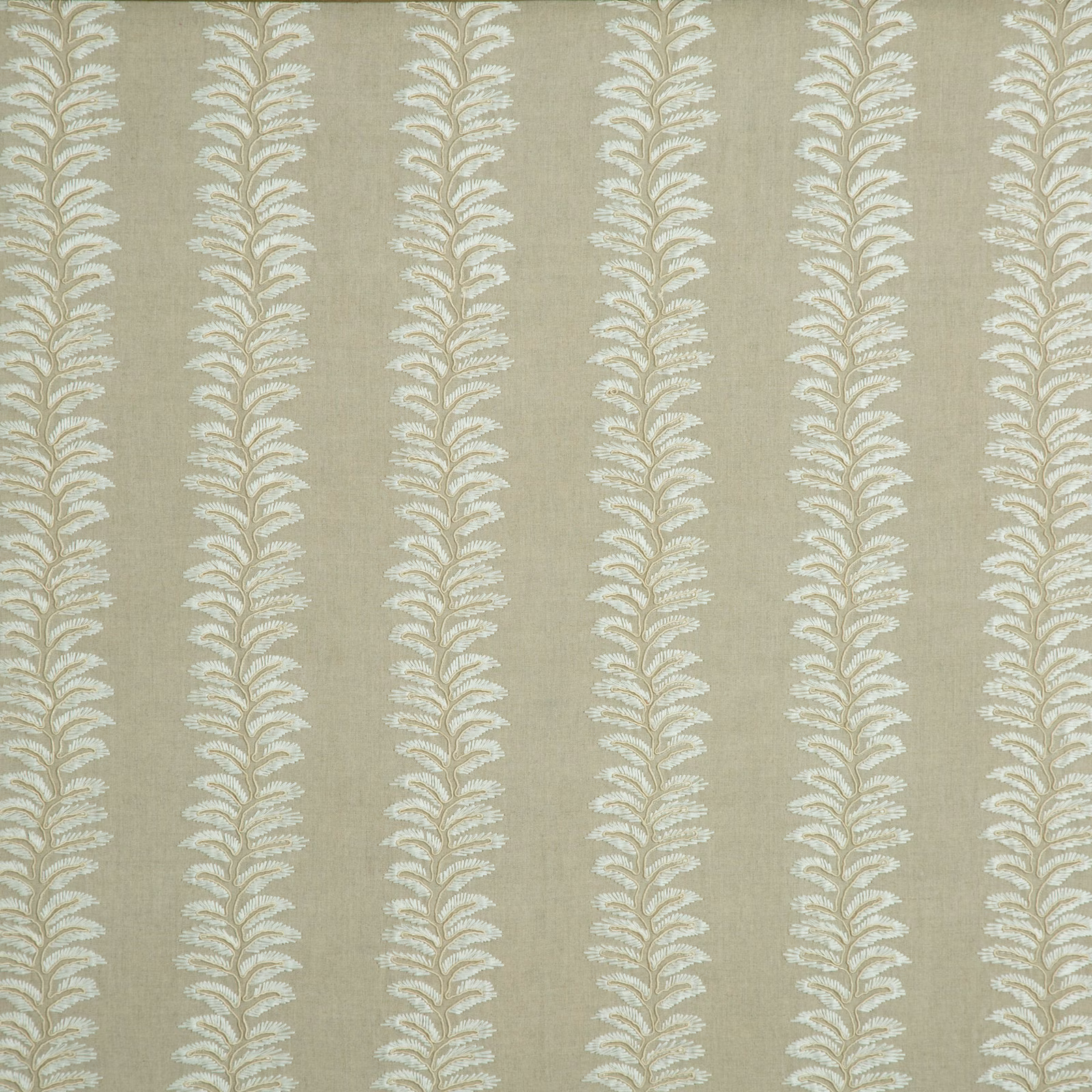 Muted sage fabric with repeating ivory leafy stems in vertical columns