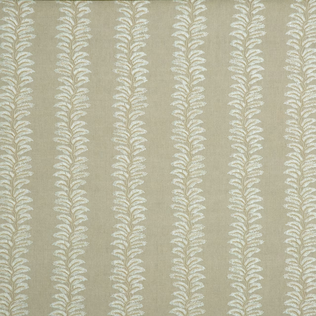 Muted sage fabric with repeating ivory leafy stems in vertical columns