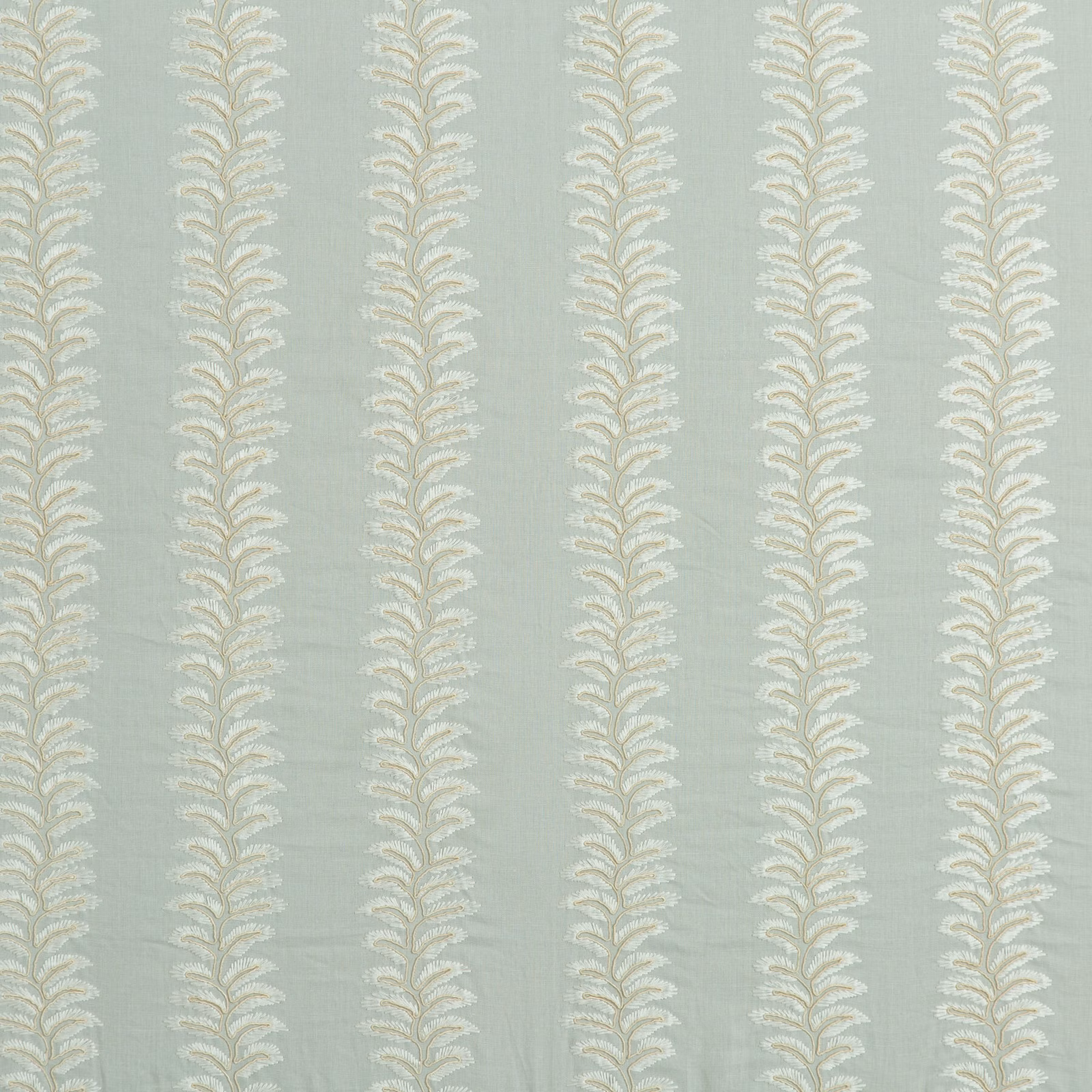 Pale aqua fabric with repeating ivory vertical leaf sprays and subtle woven texture