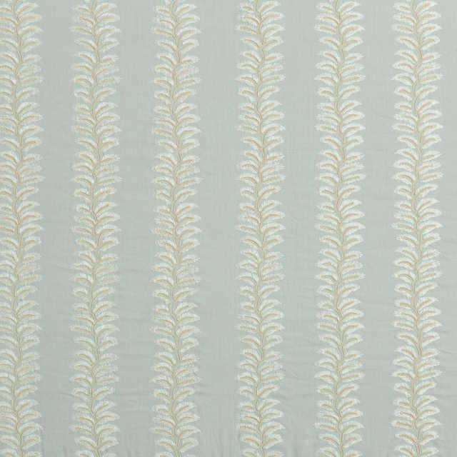 Pale aqua fabric with repeating ivory vertical leaf sprays and subtle woven texture