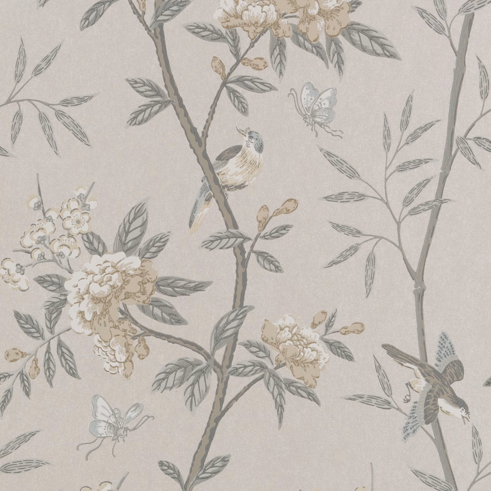Dove grey wallpaper with silver peony branches, birds, butterflies and fine leaves