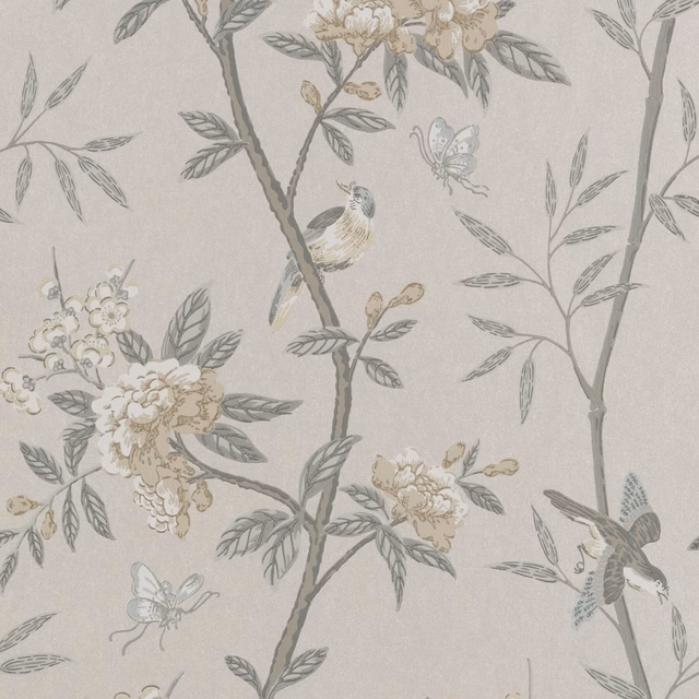 Dove grey wallpaper with silver peony branches, birds, butterflies and fine leaves