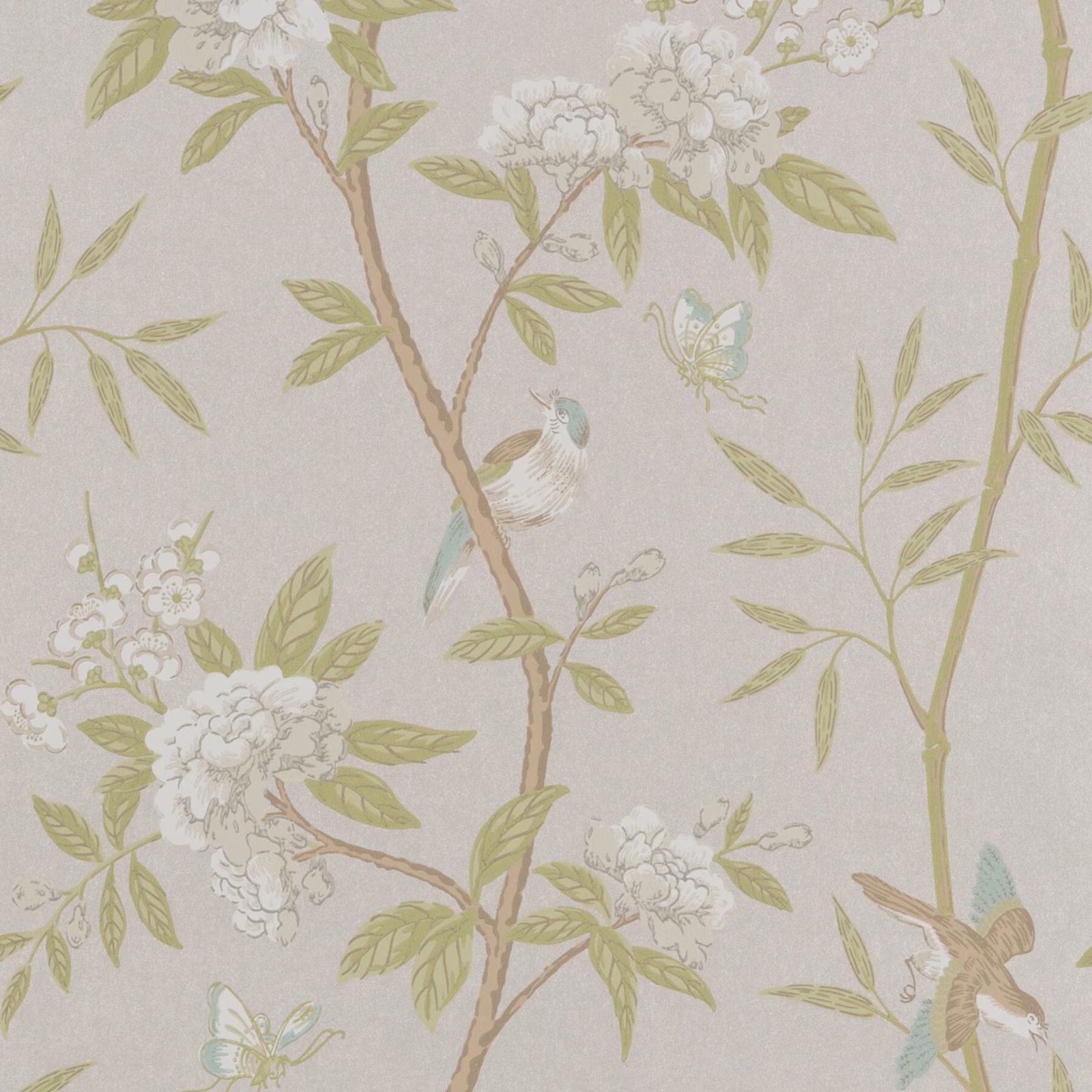 Ivory wallpaper with willow-green branches, white peonies and turquoise birds