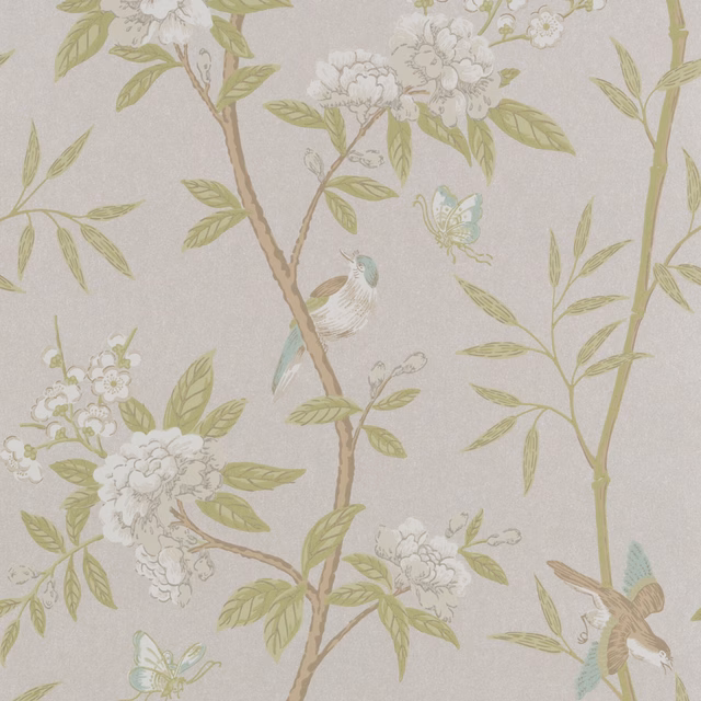 Ivory wallpaper with willow-green branches, white peonies and turquoise birds