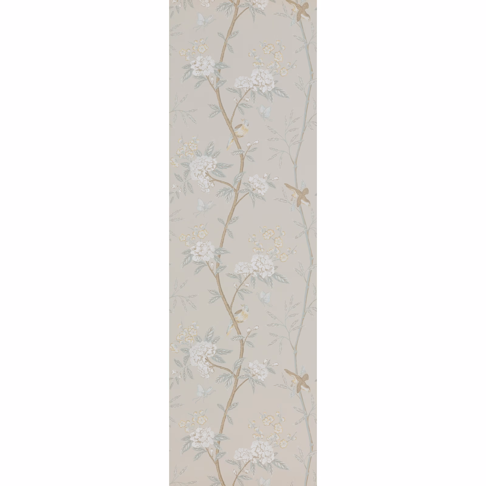 Soft aqua-grey wallpaper with trailing white blossoms, tan stems and small birds