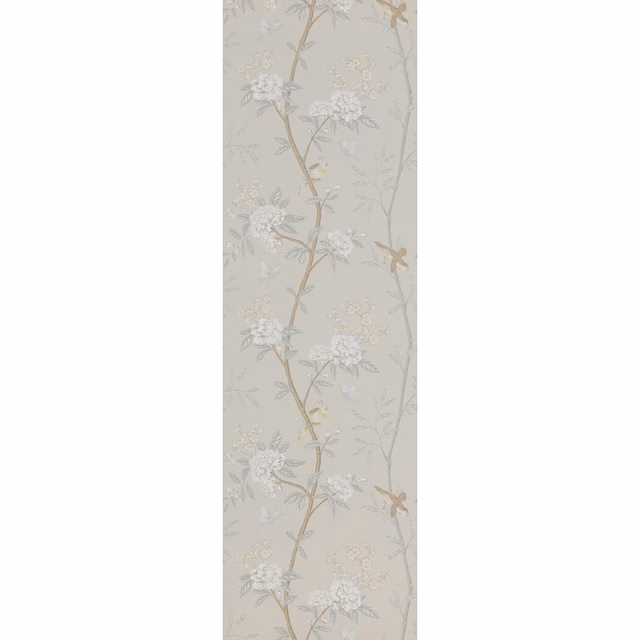 Soft aqua-grey wallpaper with trailing white blossoms, tan stems and small birds