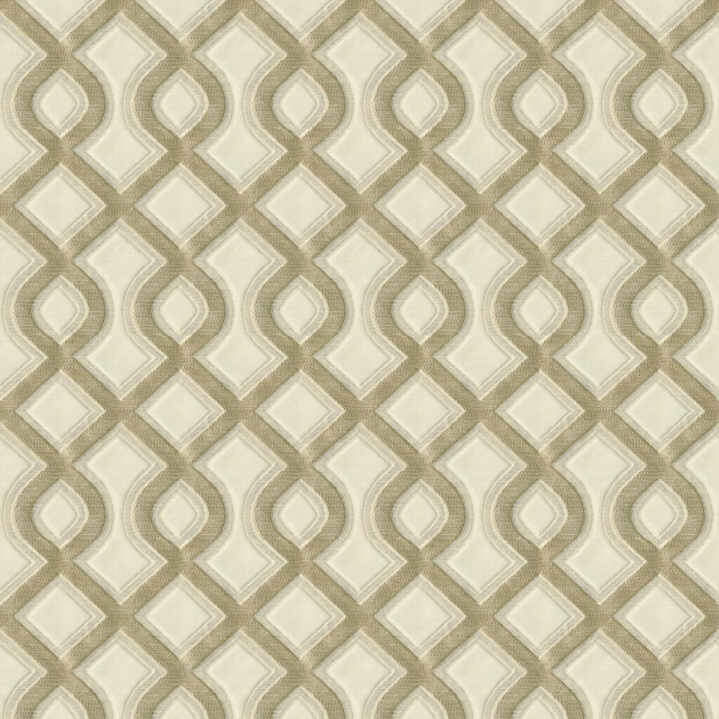 Platinum taupe woven fabric with interlocking diamond and rounded geometric motifs