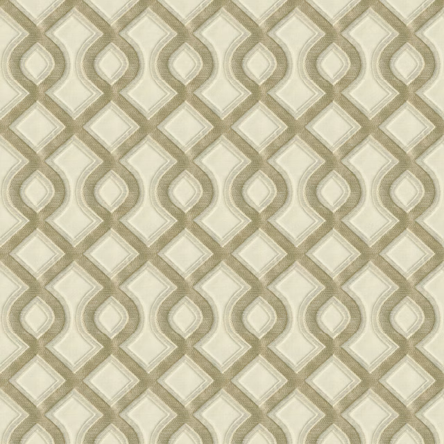Platinum taupe woven fabric with interlocking diamond and rounded geometric motifs