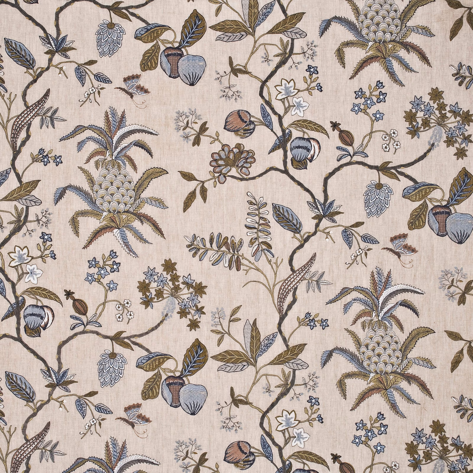 Sage and dove pineapple botanicals on a softly textured ivory linen-blend ground