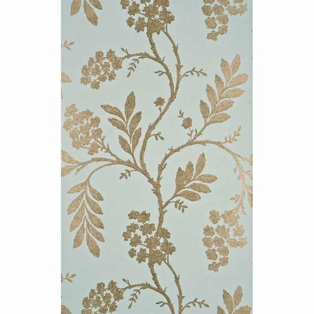 Pale aqua wallpaper with bronze flowering branches, leaves and delicate botanical detail