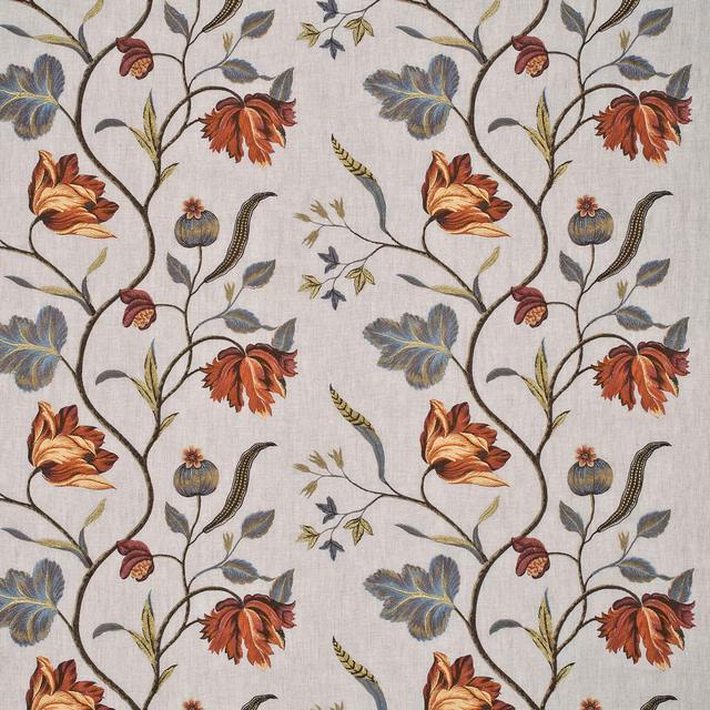 Stone linen ground with rust tulips, slate-blue leaves and olive winding stems