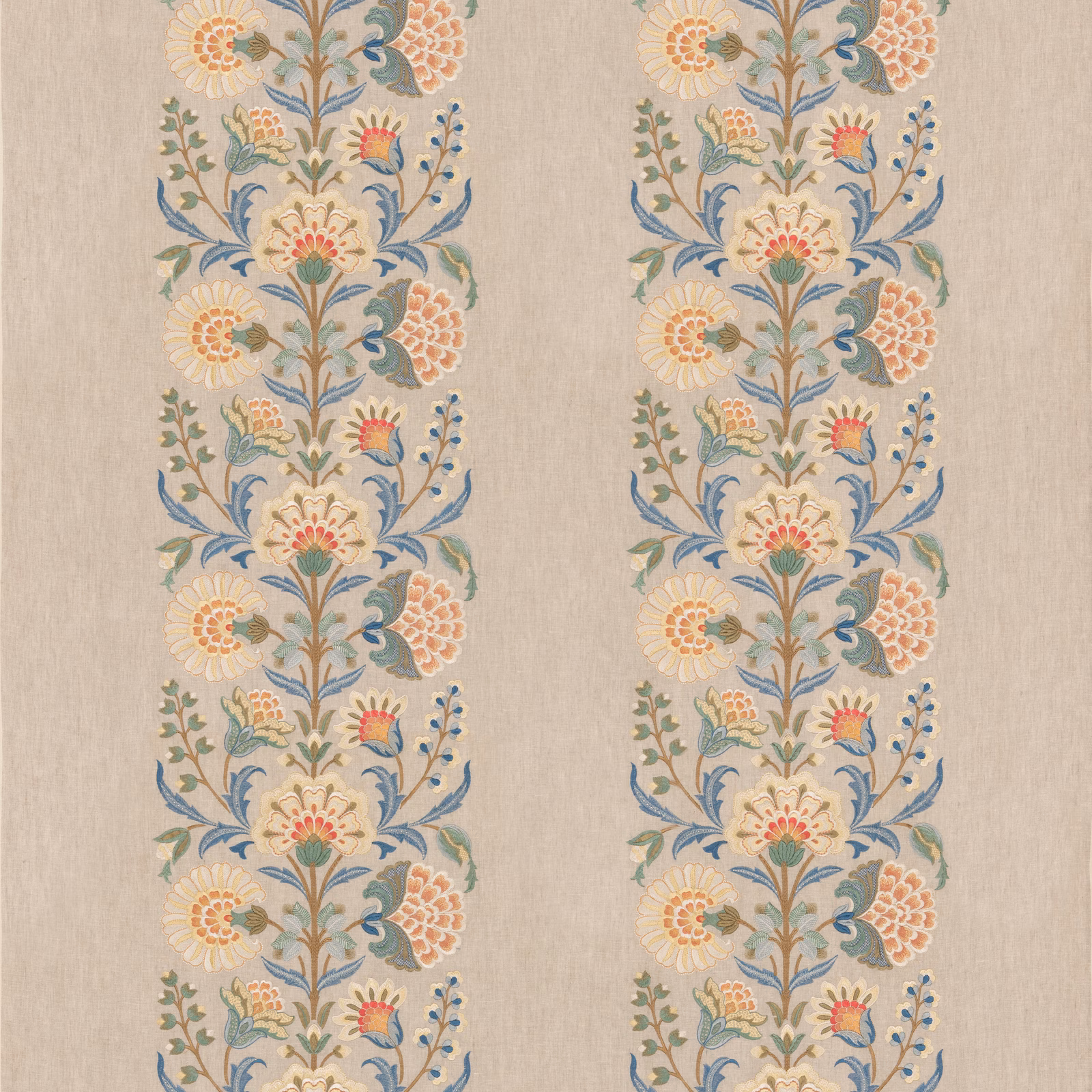 Warm beige floral fabric with blue, sage, peach and coral botanical columns