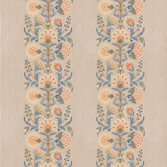 Warm beige floral fabric with blue, sage, peach and coral botanical columns
