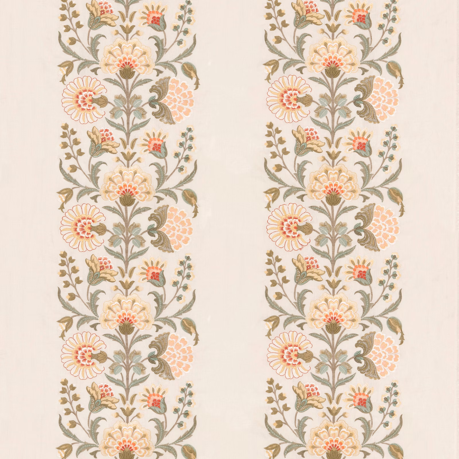 Warm coral and sage floral trails on a creamy linen-blend fabric