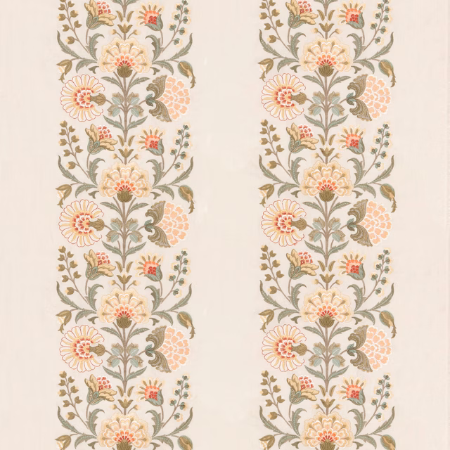 Warm coral and sage floral trails on a creamy linen-blend fabric