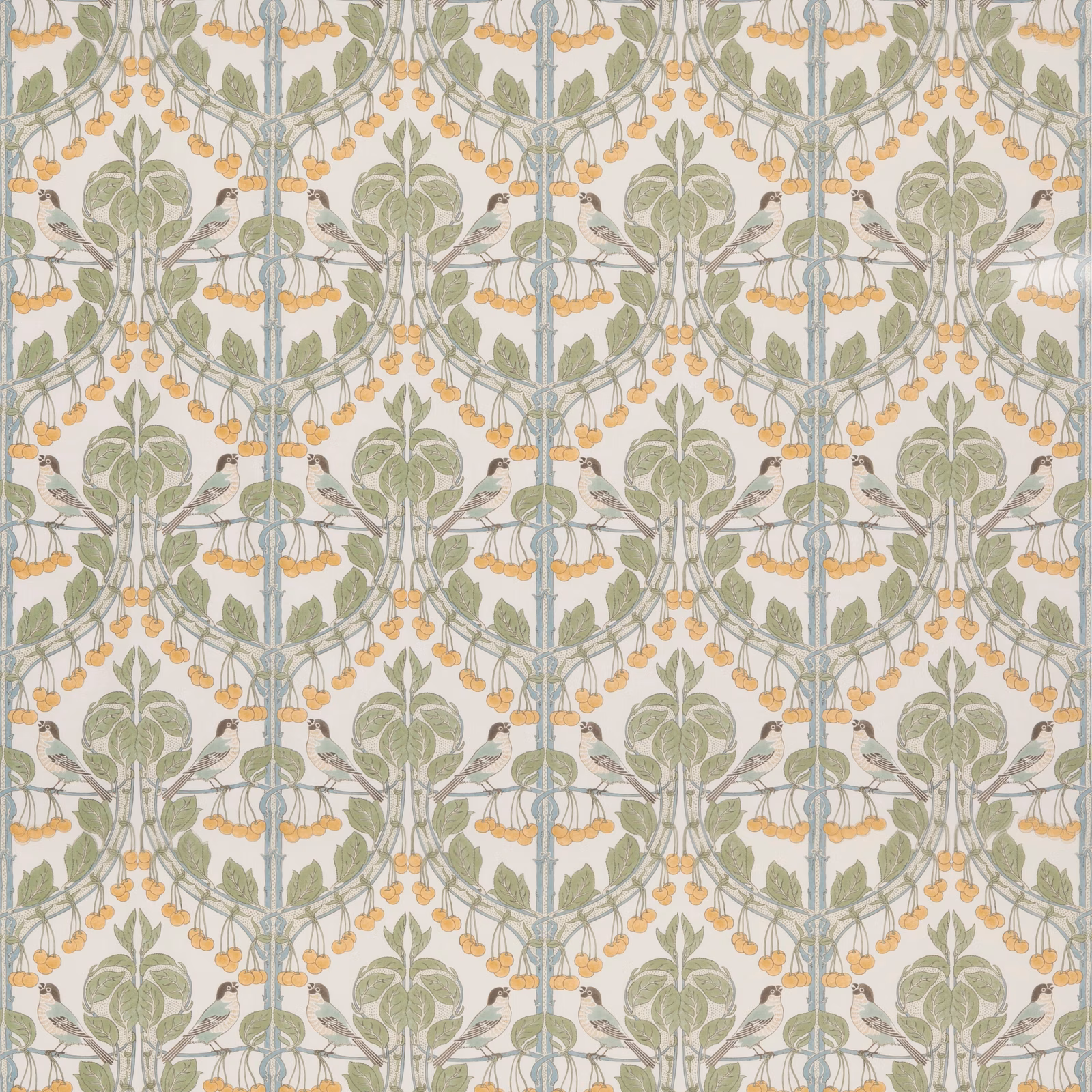 Pale aqua botanical cotton with olive leaves, tiny birds and apricot cherries