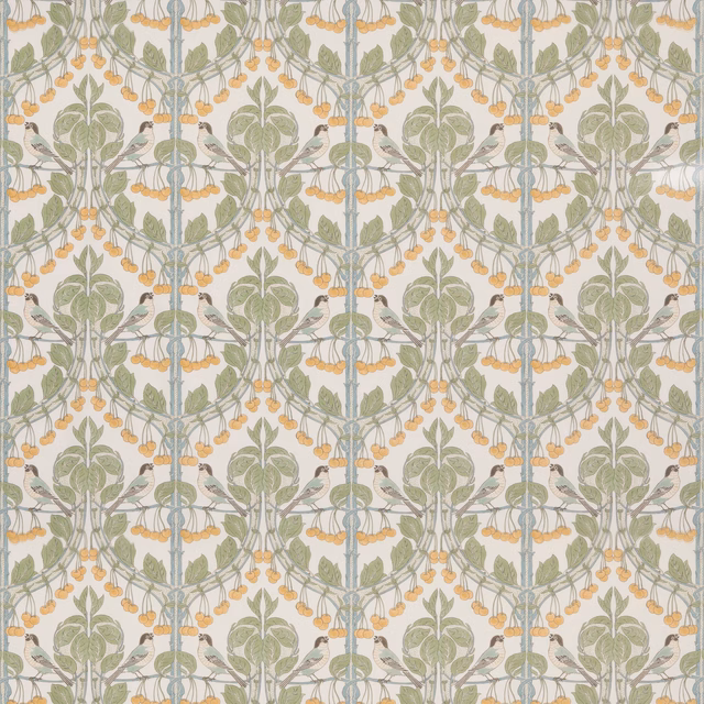 Pale aqua botanical cotton with olive leaves, tiny birds and apricot cherries