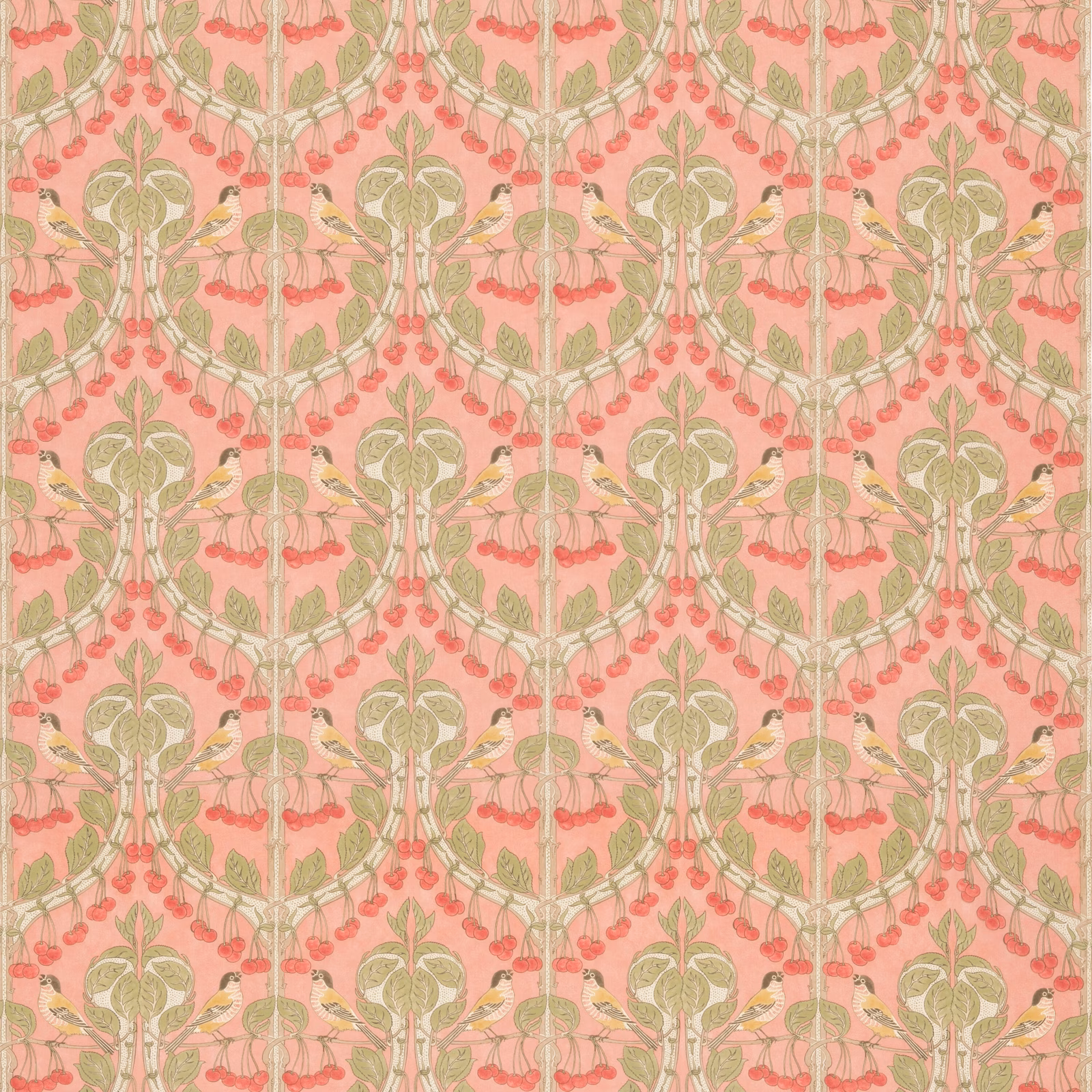 Warm coral cotton with sage foliage, red cherries and repeating botanical branches