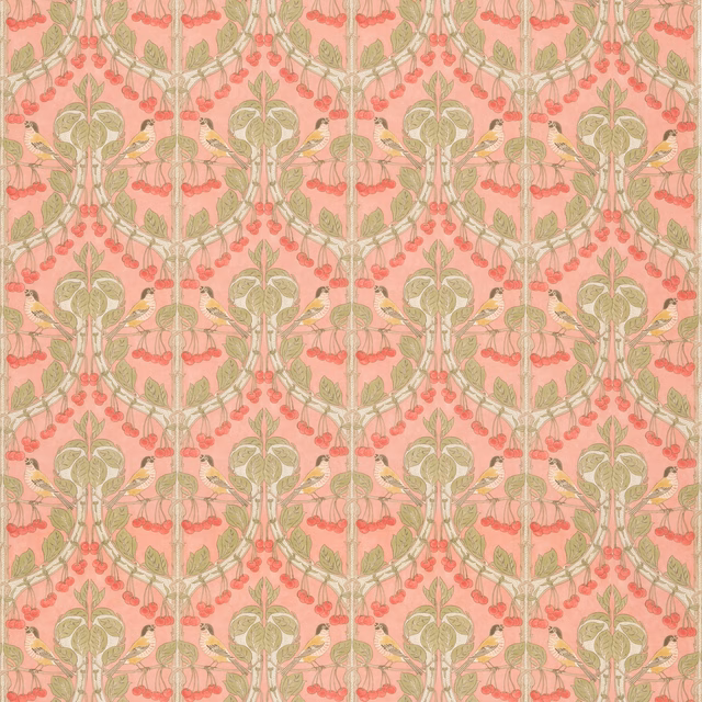 Warm coral cotton with sage foliage, red cherries and repeating botanical branches