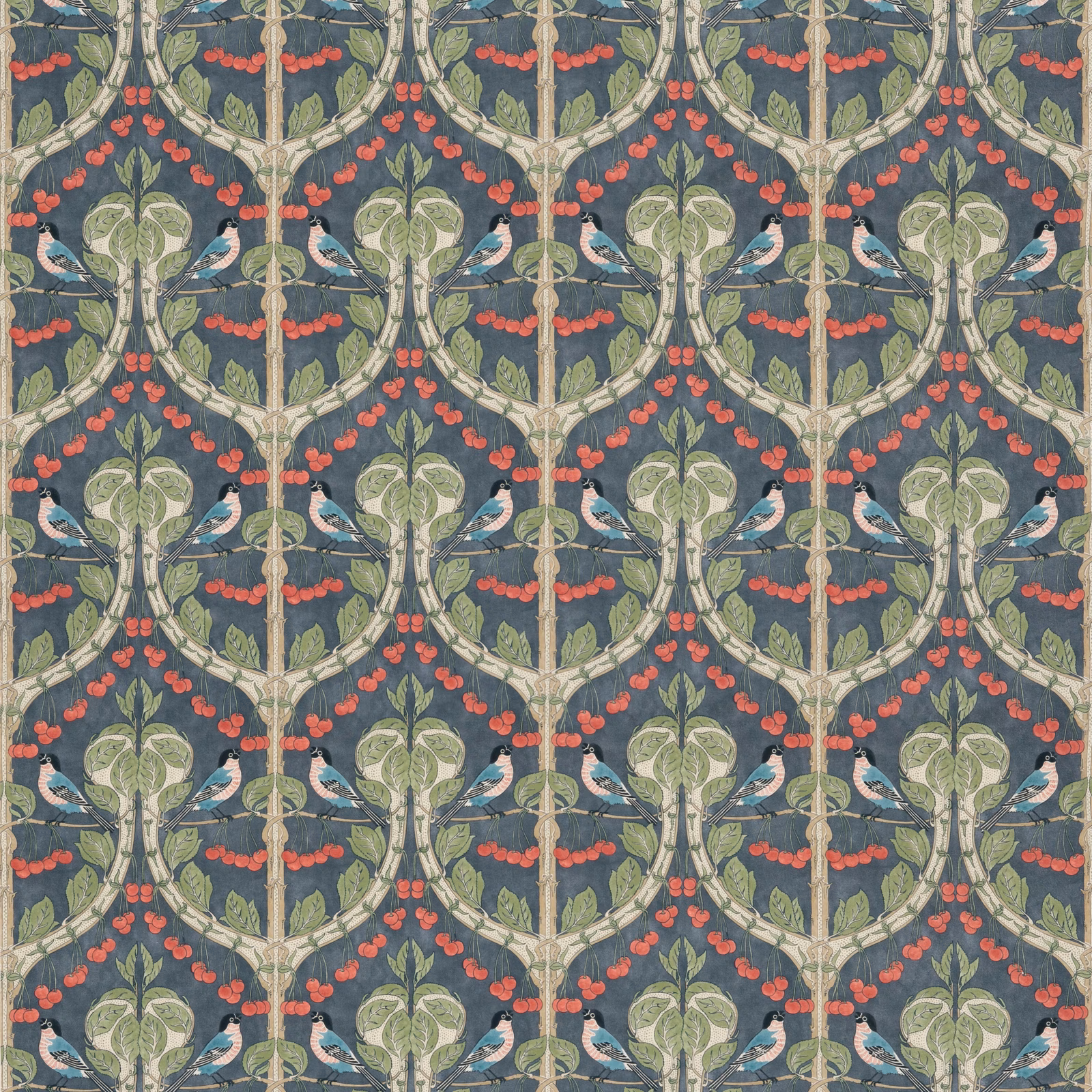 Indigo botanical fabric with birds, red cherries, pale branches and green leaves
