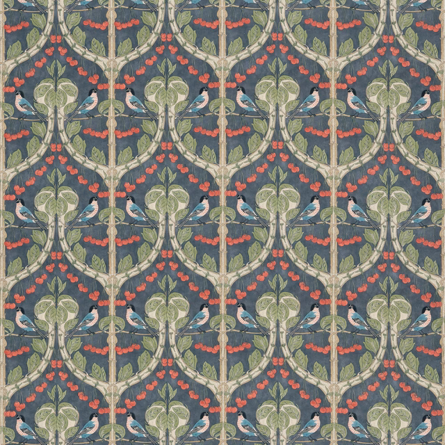 Indigo botanical fabric with birds, red cherries, pale branches and green leaves