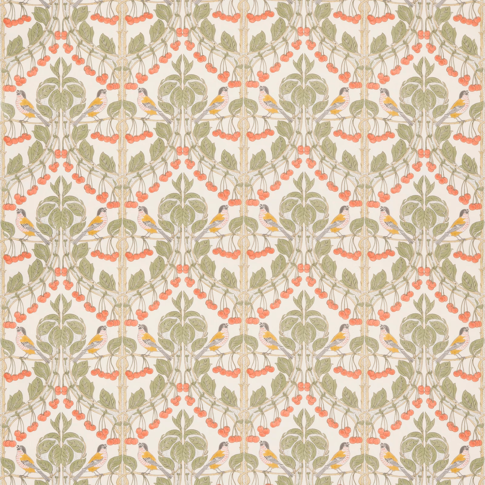Cream cotton ground with olive foliage, coral cherries and small yellow birds