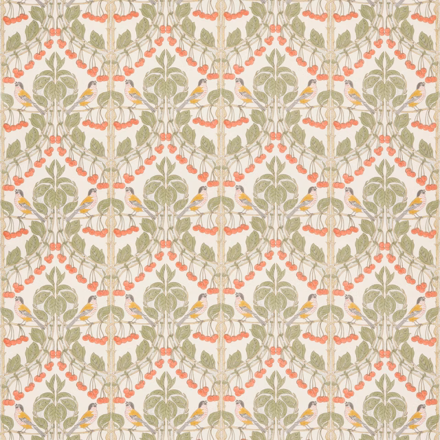Cream cotton ground with olive foliage, coral cherries and small yellow birds