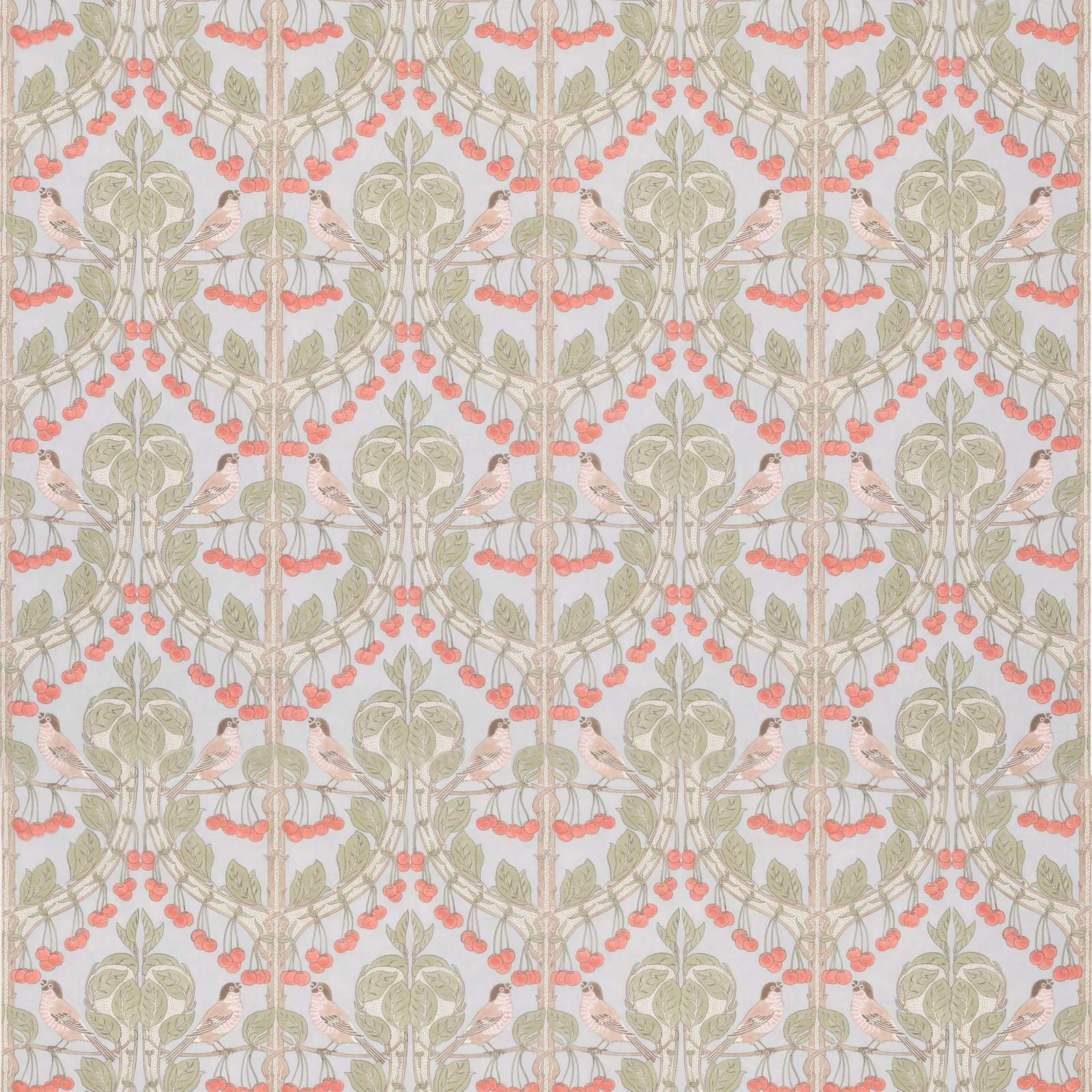 Soft blue cotton with olive foliage, coral cherries and pink birds in repeat