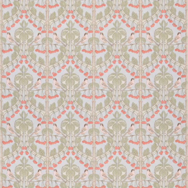 Soft blue cotton with olive foliage, coral cherries and pink birds in repeat