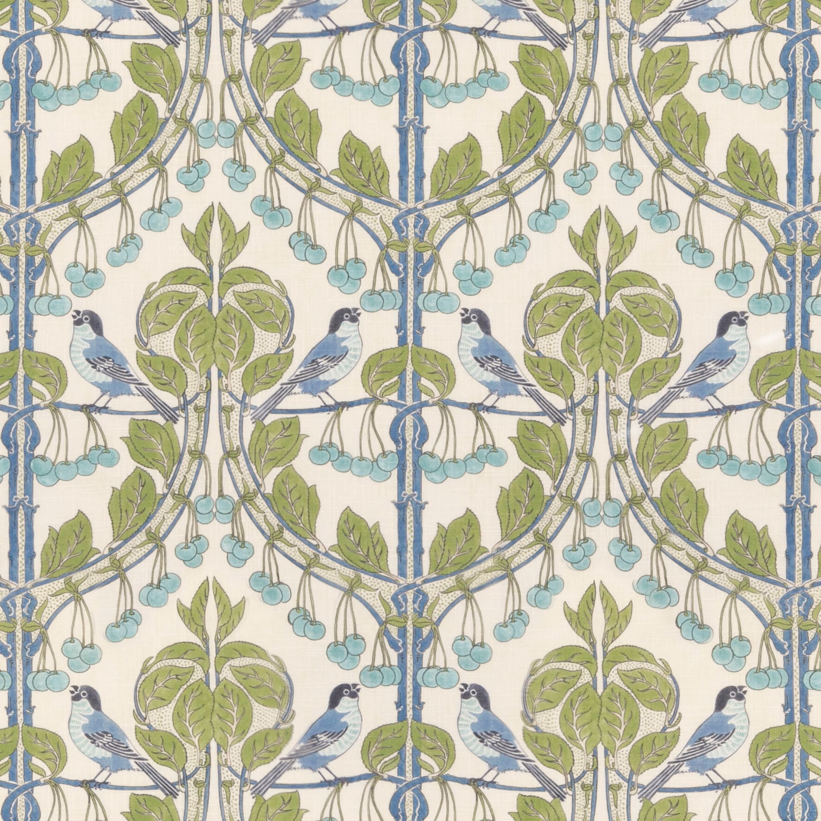 Cream-ground fabric with blue birds, green foliage and turquoise cherries in a formal repeat