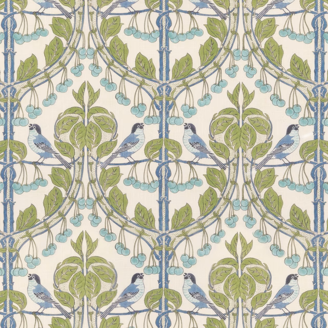Cream-ground fabric with blue birds, green foliage and turquoise cherries in a formal repeat