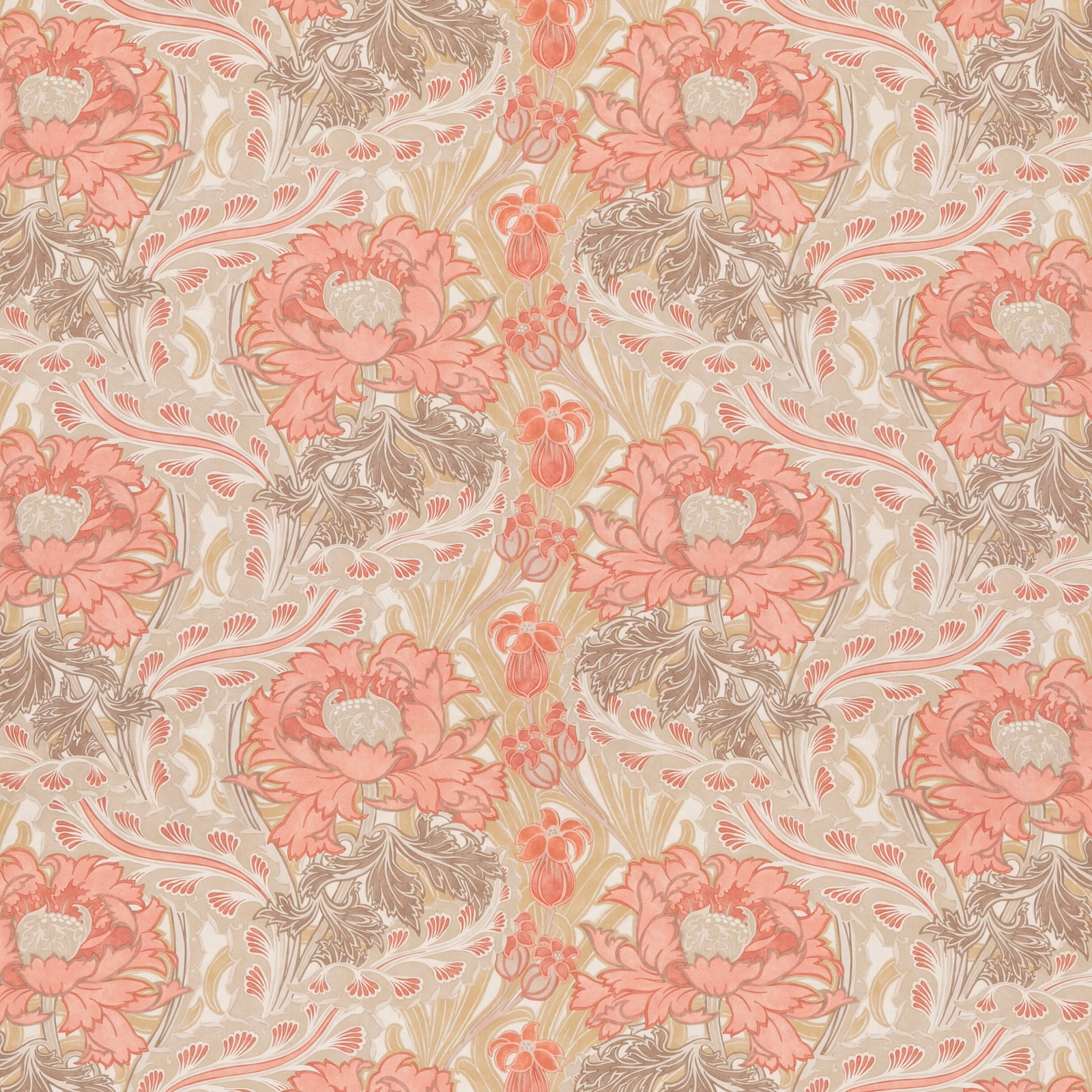 Coral pink floral blooms and taupe foliage on a sandy cotton ground