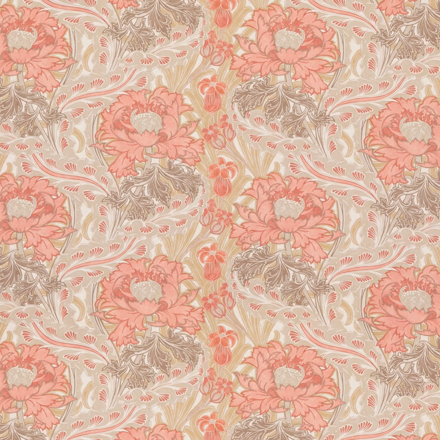 Coral pink floral blooms and taupe foliage on a sandy cotton ground