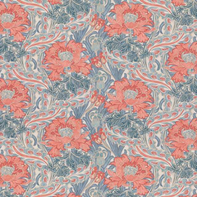 Pale blue-teal cotton with coral flowers and blue-grey scrolling foliage