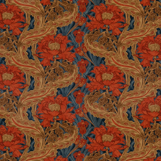 Red poppy-like flowers and blue ground framed by olive-gold scrolling foliage