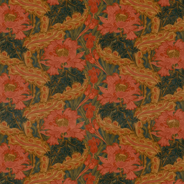 Coral peony blooms and dark green foliage on an ochre floral velvet