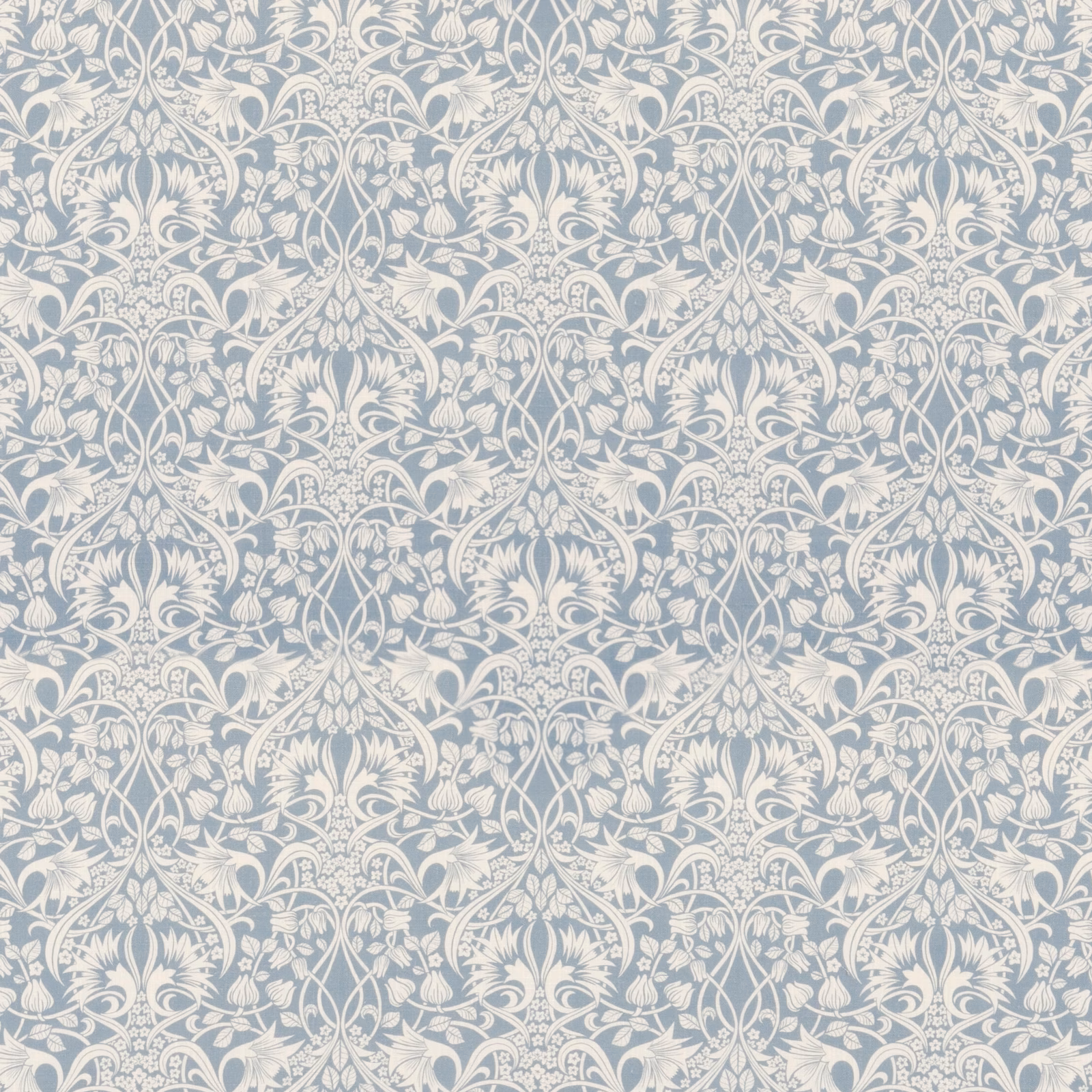 Muted blue and ivory damask with scrolling florals and delicate botanical detail
