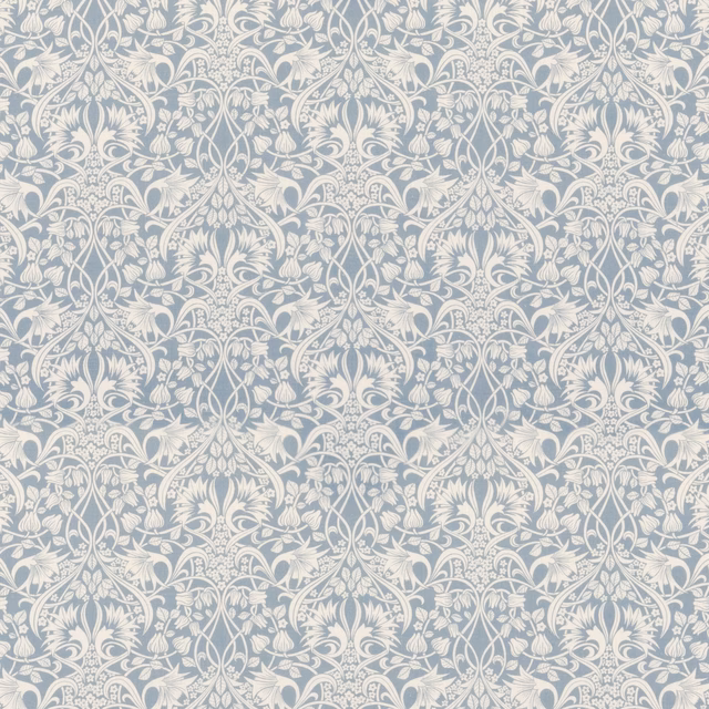 Muted blue and ivory damask with scrolling florals and delicate botanical detail