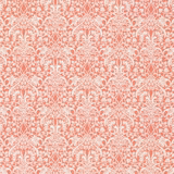 Warm coral cotton with ivory scrolling damask and symmetrical floral motifs