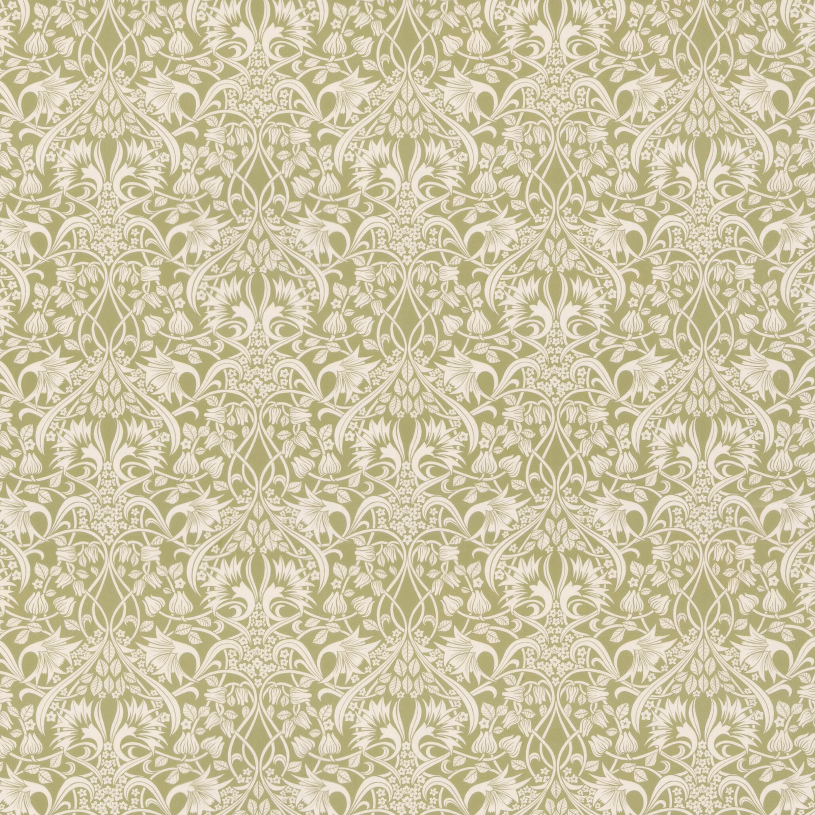 Soft sage cotton with an intricate cream floral damask and scrolling leaf motifs