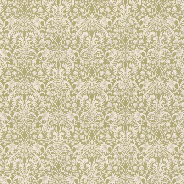 Soft sage cotton with an intricate cream floral damask and scrolling leaf motifs