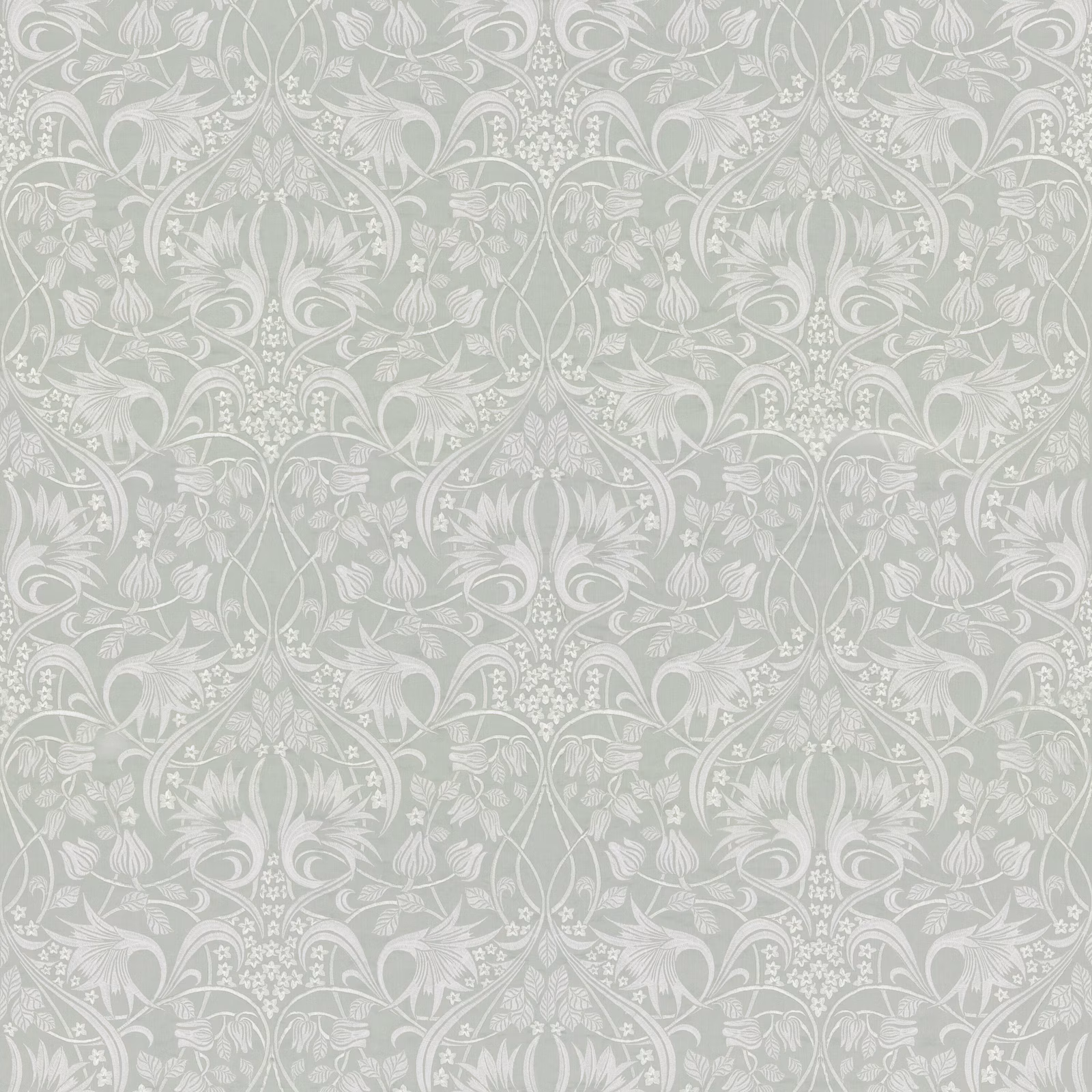Pale aqua floral embroidery with chalk-white scrolling foliage and stylised blooms