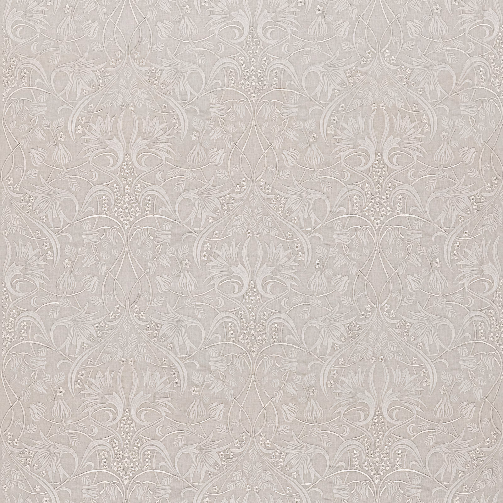 Soft ivory embroidered damask with taupe scrolling florals and fine tonal texture