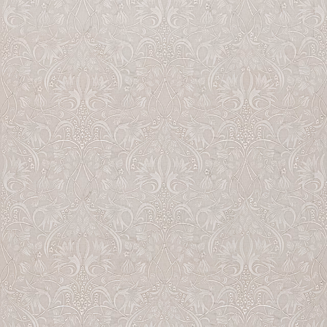 Soft ivory embroidered damask with taupe scrolling florals and fine tonal texture