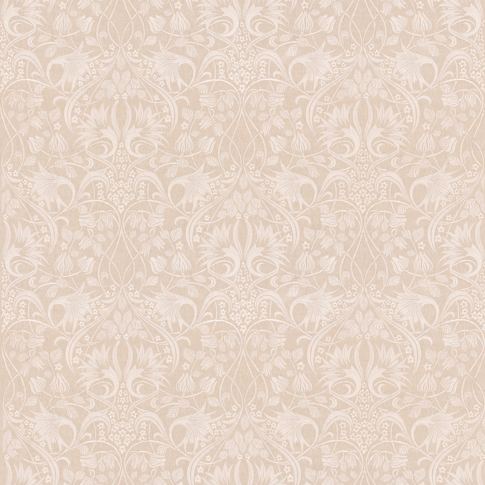 Pale natural beige embroidered fabric with scrolling botanical flowers and leaf motifs